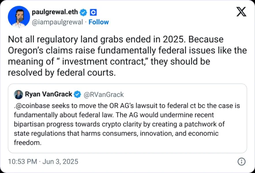 Coinbase wants Oregon’s ‘copycat’ securities case in federal court