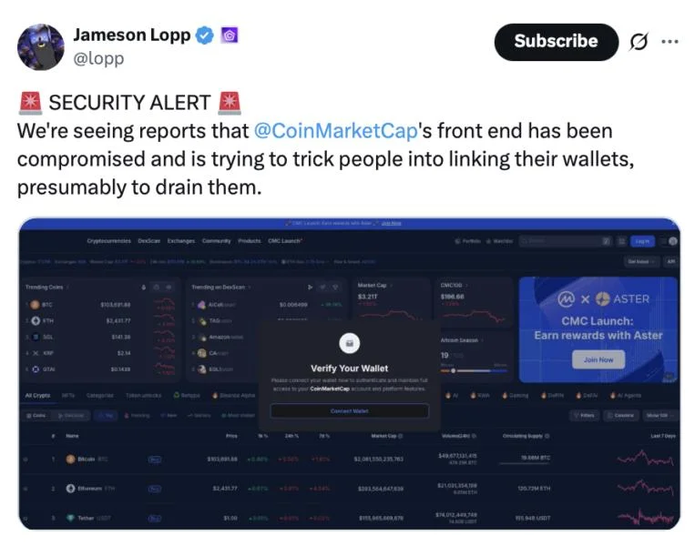 CoinMarketCap has 'identified and removed' malicious wallet scam