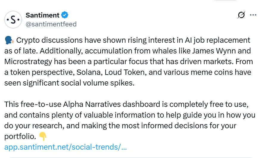 Crypto social media sees rising interest in AI taking jobs: Santiment