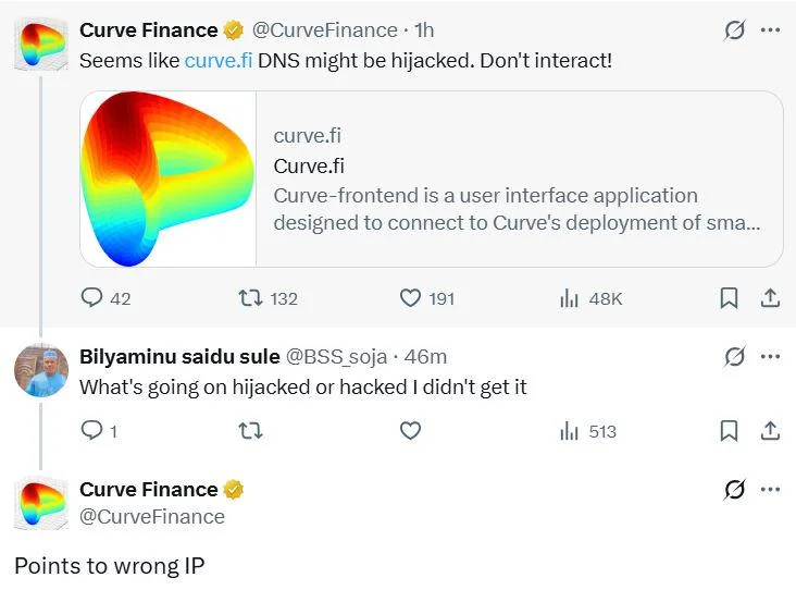 Curve Finance warns its DNS has been hijacked again