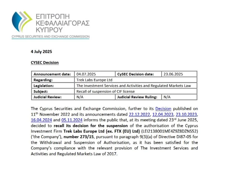 CySEC Says Former FTX EU (Now Trek Labs) Meets Compliance, Lifts Suspension