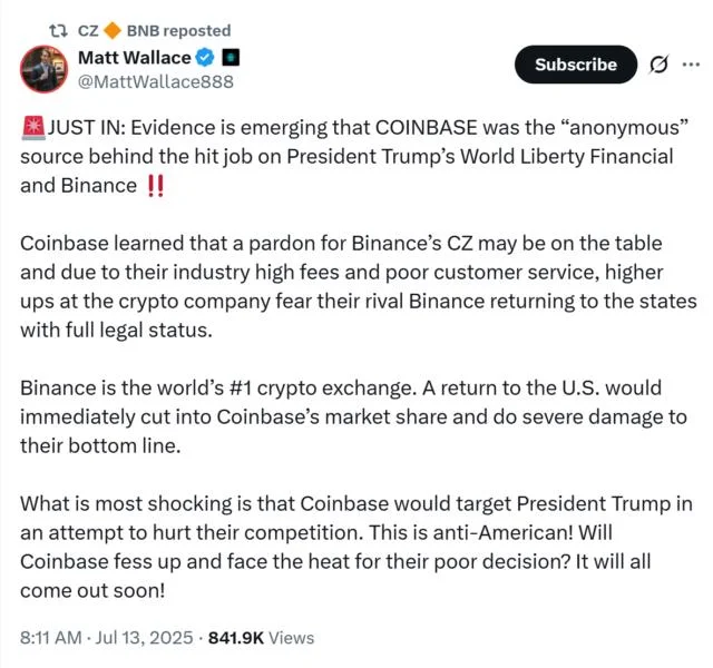 CZ shares rumors linking Coinbase to Bloomberg’s Trump stablecoin report