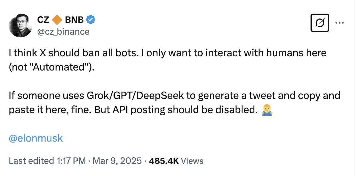 CZ urges Elon Musk to ban bots on the X social media platform