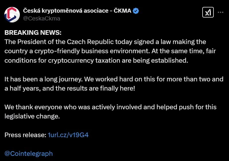 Czech president signs ‘landmark’ crypto bill: CKMA