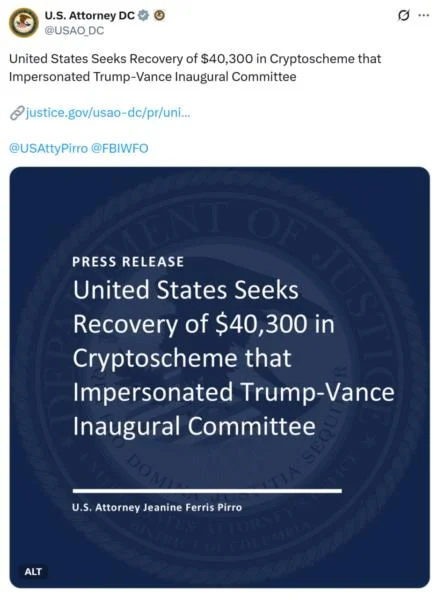 DOJ recovers $40K crypto from Trump-Vance inaugural scam, credits Tether