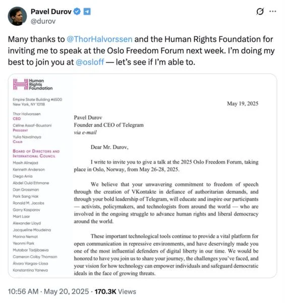 Durov blocked from attending Oslo Freedom Forum — Human Rights Foundation