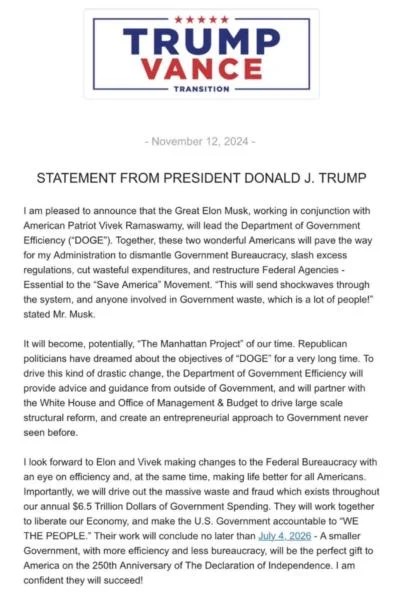 Elon Musk-led ‘DOGE’ set to be sued after Trump’s inauguration