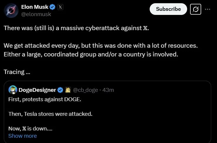 Elon Musk: There is a ‘massive cyberattack against X’