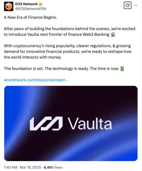 EOS Network rebrands to Vaulta in shift to Web3 banking