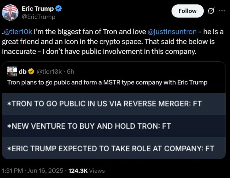 Eric Trump is 'biggest fan' of Justin Sun, but denies involvement in Tron’s public venture