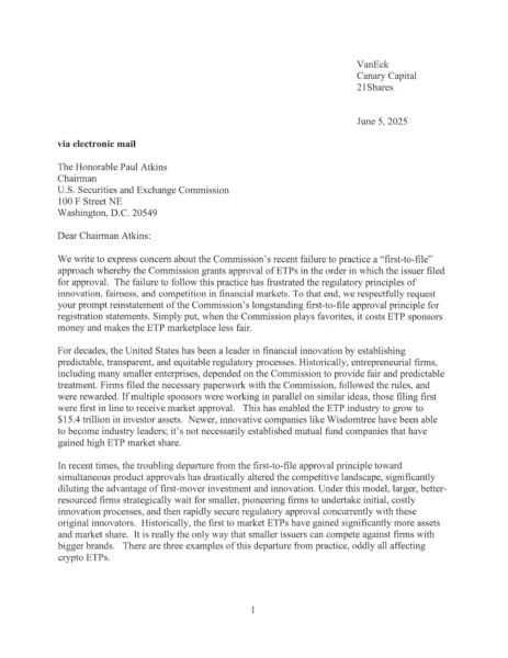 ETF issuers pen letter urging SEC return to ‘first-to-file’ approvals