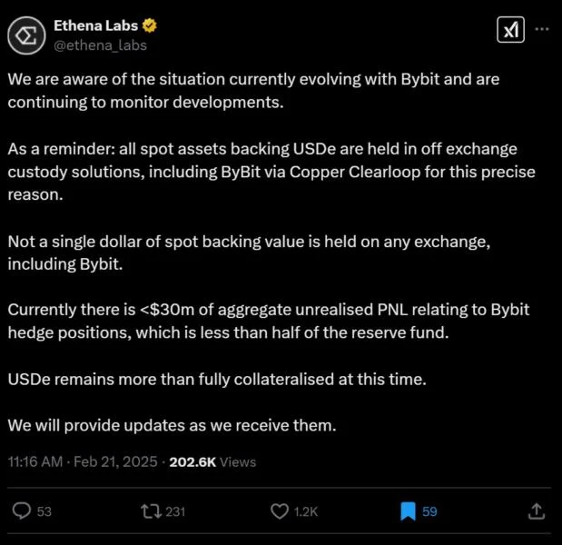 Ethena assures users of solvency after Bybit hack