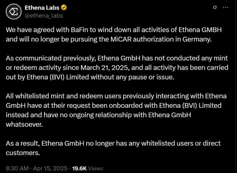 Ethena Labs exits German market following agreement with BaFin