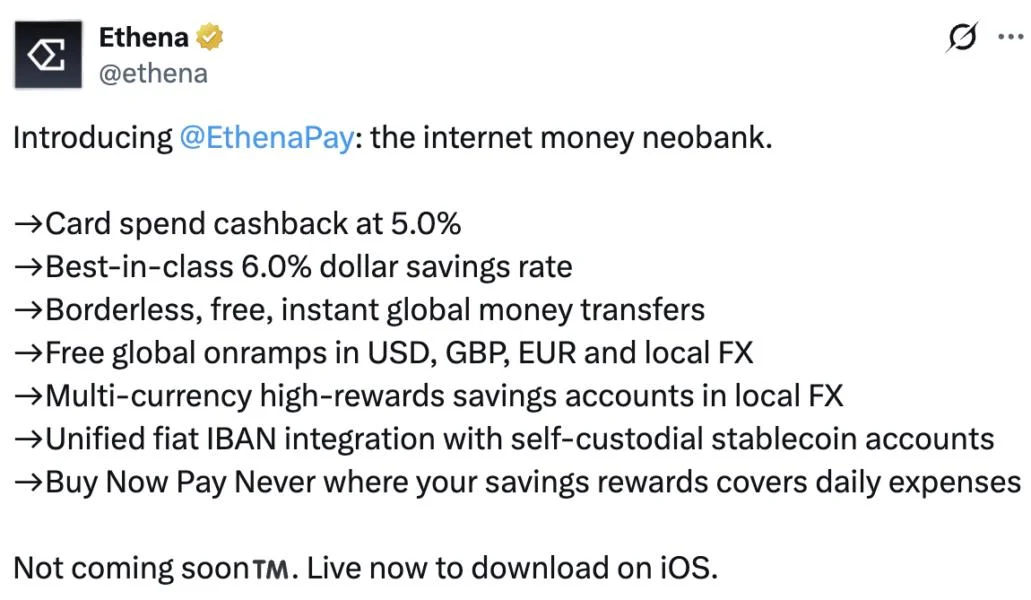 Ethena launches USDe payments app, offers 6% rewards