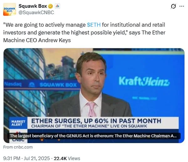  Ether Machine founder claims ETH outperformed BTC over past 10 years 