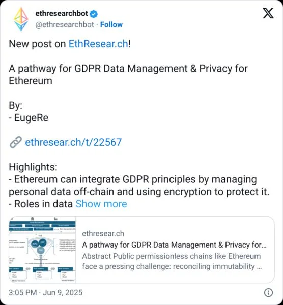 Ethereum privacy roadmap proposes EU GDPR-safe blockchain design