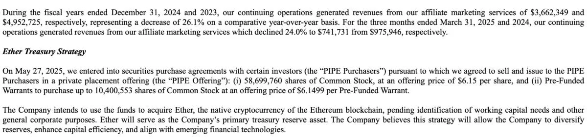 Ethereum's ‘own Saylor’ SharpLink Gaming plans $1B ETH purchase