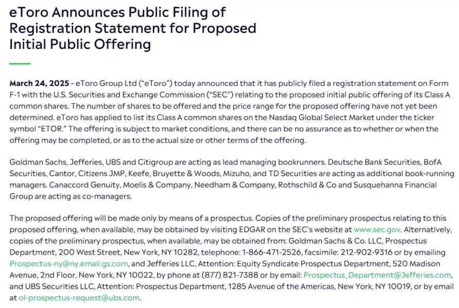 eToro trading platform publicly files for US IPO