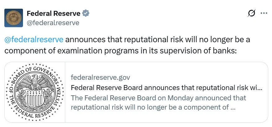  Fed cuts ‘reputational risk’ scrutiny used to ‘assassinate’ crypto firms 