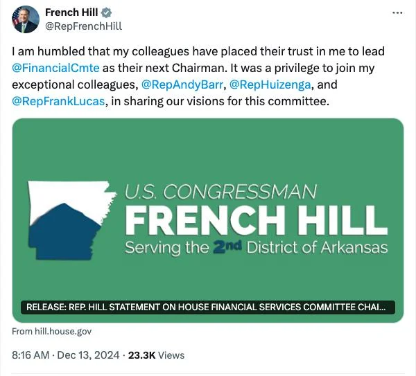 French Hill to chair House Financial Services Committee in 2025