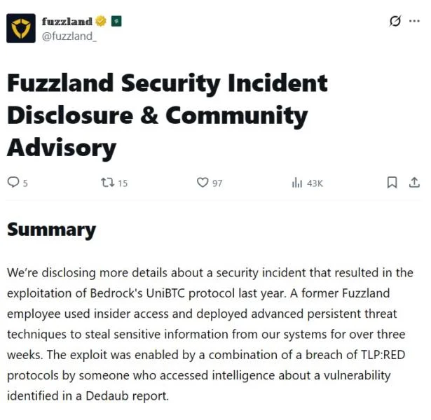 Fuzzland says ex-employee was behind $2M Bedrock UniBTC exploit