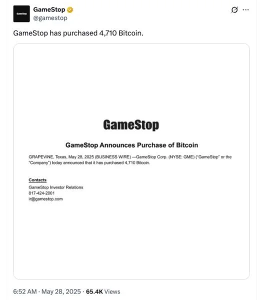 GameStop officially confirms first Bitcoin purchase of 4,710 BTC