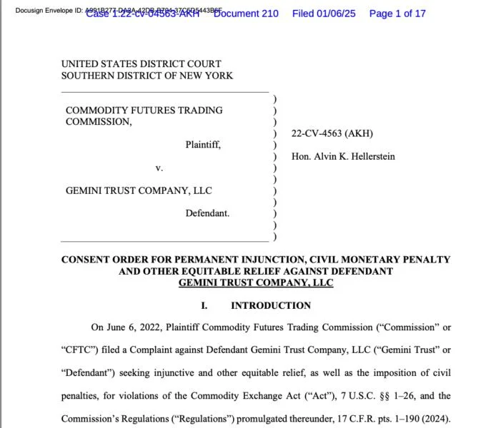 Gemini agrees to a $5M penalty as part of proposed CFTC order