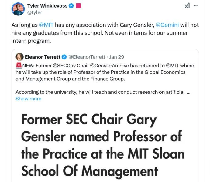 Gemini won’t hire MIT grads unless university drops ex-SEC chair Gensler