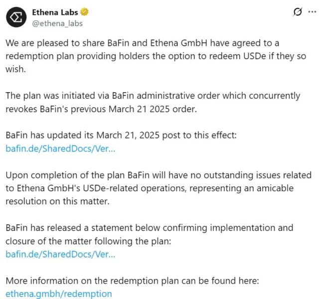 German regulator closes case against Ethena GmbH over USDe issuance
