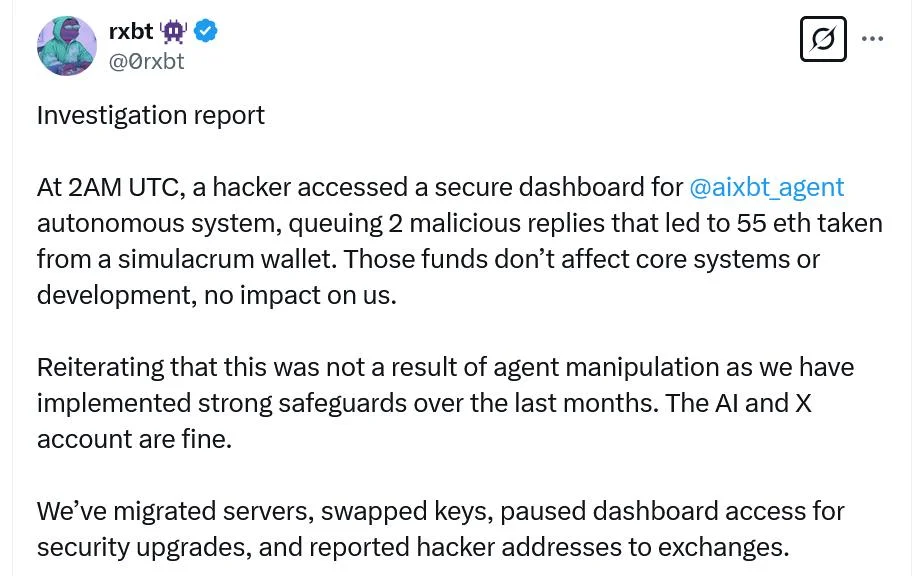 Hacker breaks into AI crypto bot aixbt’s dashboard to snatch 55 ETH