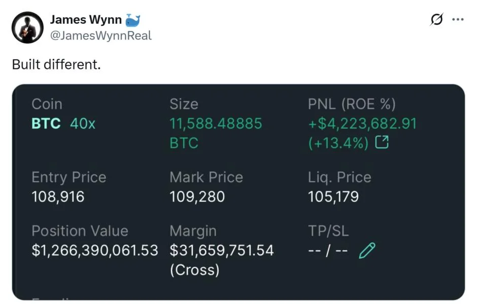 Hyperliquid trader James Wynn goes ‘all-in’ on $1.25B Bitcoin Long