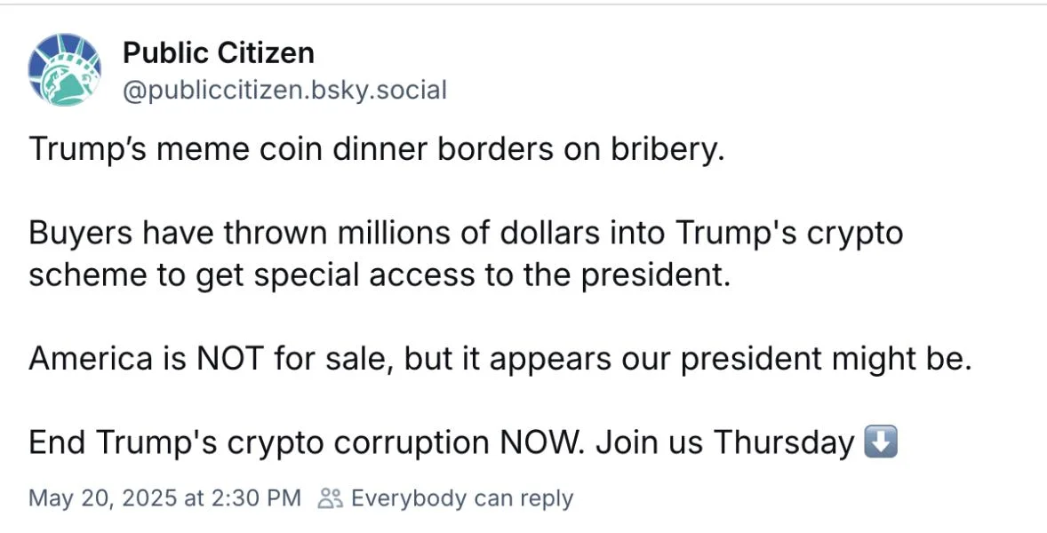 Interest groups, lawmakers to protest Trump's memecoin dinner