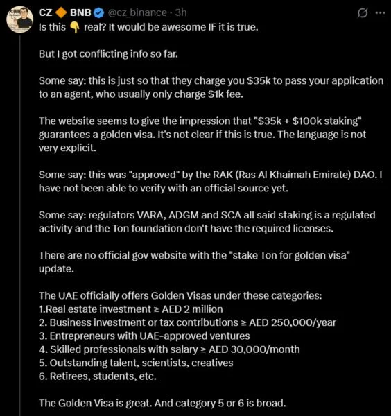 ‘Is this real?’ CZ questions TON’s UAE Golden Visa as gov’t sources stay silent