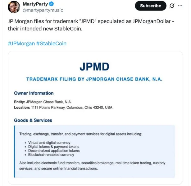 JPMorgan files ‘JPMD’ trademark for crypto payment services
