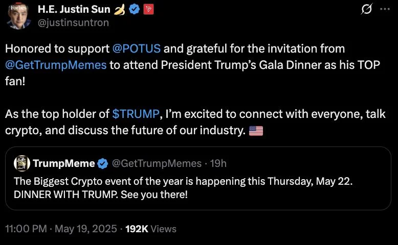 Justin Sun to attend Trump's dinner with memecoin backers