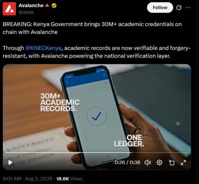 Kenya moves 30 million academic credentials onto Avalanche blockchain