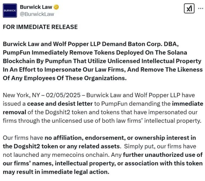 Law firm demands Pump.fun remove over 200 memecoins using its IP