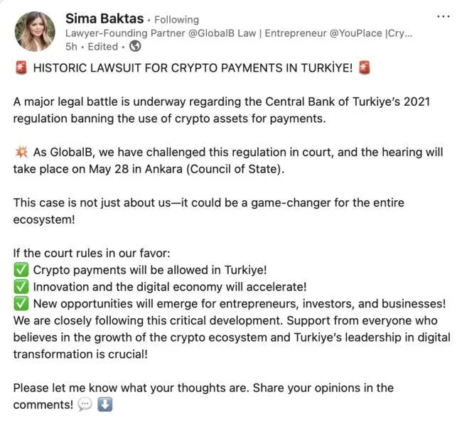 Law firm to challenge Turkey’s ban on crypto payments