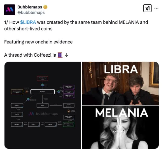 LIBRA creators tied to Melania and other short-lived memecoins: Bubblemaps