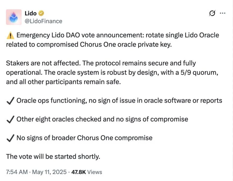 Lido DAO initiates emergency vote to swap compromised oracle