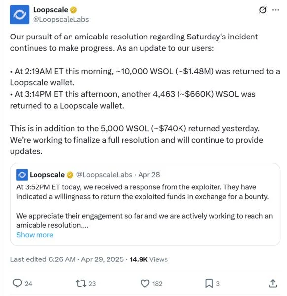 Loopscale recovers $2.8M after weekend DeFi hack and bounty talks