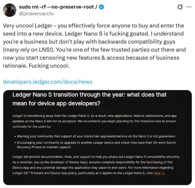 ‘Major bummer’ — Users discover Ledger is sunsetting the ‘OG’ Nano S