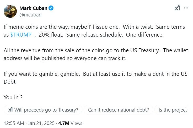 Mark Cuban mulls memecoin to pay US debt