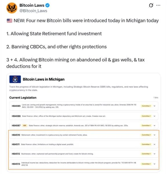 Michigan lawmakers file 4 crypto bills on retiree funds, CBDCs, mining