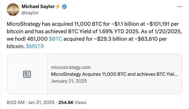 MicroStrategy bought 11K BTC the week before Trump’s inauguration