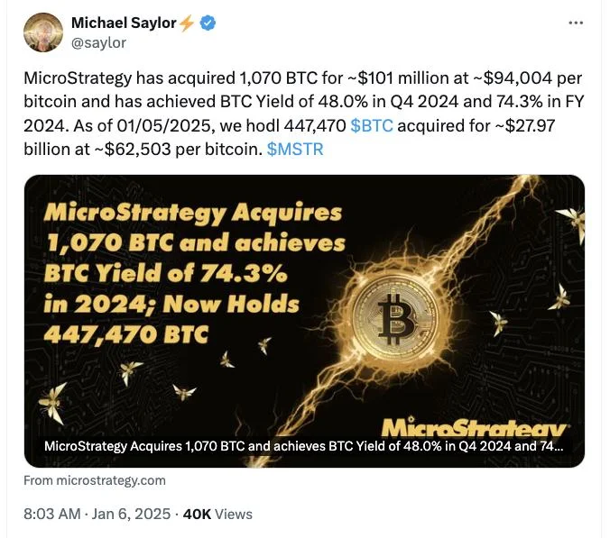 MicroStrategy kicks off 2025 with 1,070 Bitcoin purchase announcement