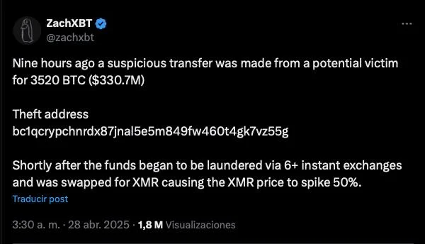 Monero (XMR) Price Jumps 50% Amid ‘Suspicious’ $330 Million BTC Transfer – Details