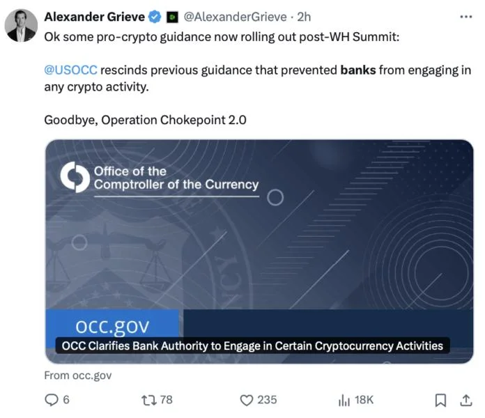 OCC lays out crypto banking after Trump vows to end Operation Chokepoint 2.0