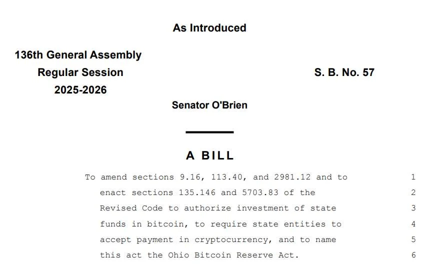 Ohio Senator introduces state’s second Bitcoin reserve bill