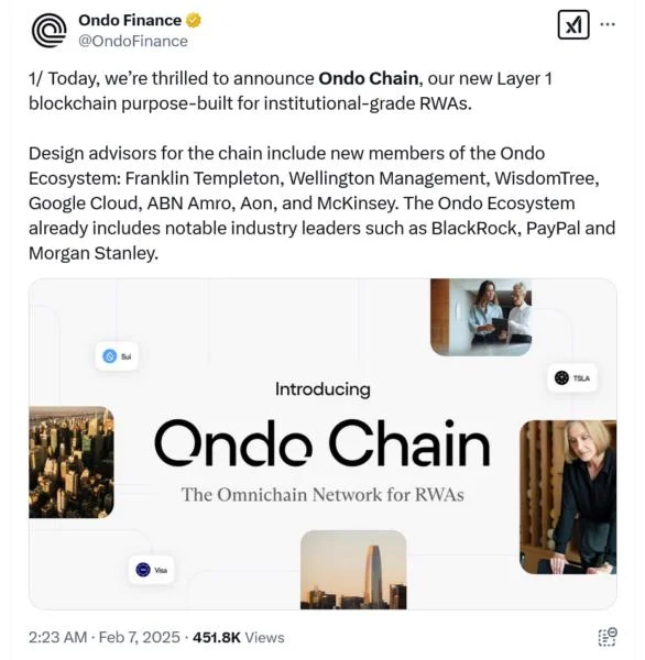 Ondo Finance unveils layer-1 blockchain for institutions to tokenize RWAs